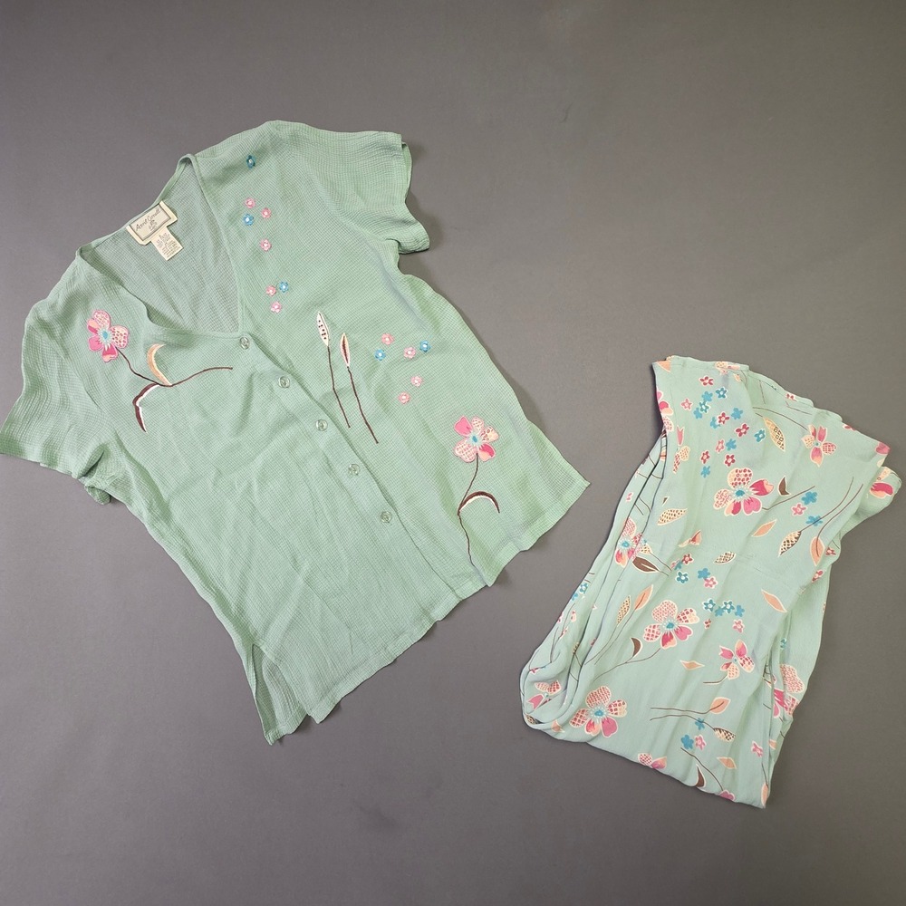 April Cornell Mint Green Floral Embroidered Pajama Set Rayon Waffle Knit Small